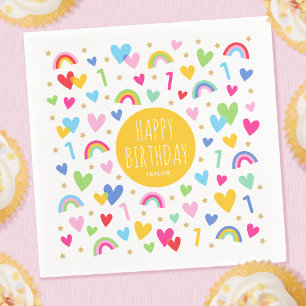 Rainbow Hearts 1st Birthday Party Name Yellow Napkin