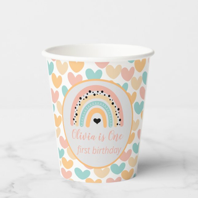 Rainbow & Hearts 1st Birthday Party Paper Cups (Front)