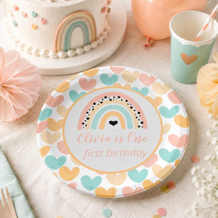 Rainbow & Hearts 1st Birthday Party Paper Plate