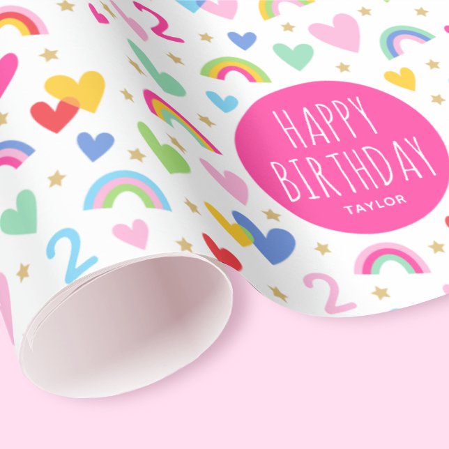 Rainbow Hearts 2nd Birthday Custom Name Pink Wrapping Paper (Creator Uploaded)
