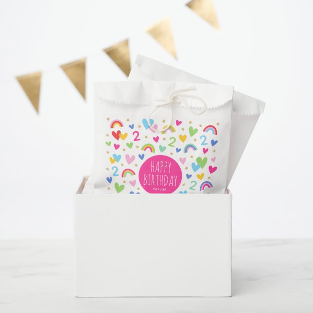 Rainbow Hearts 2nd Birthday Party Custom Name Pink Favour Bags (Party)