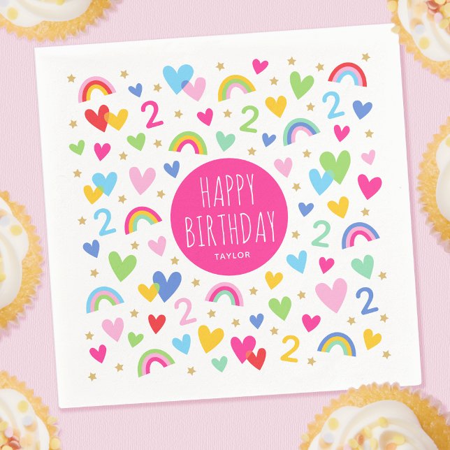 Rainbow Hearts 2nd Birthday Party Custom Name Pink Napkin (Creator Uploaded)