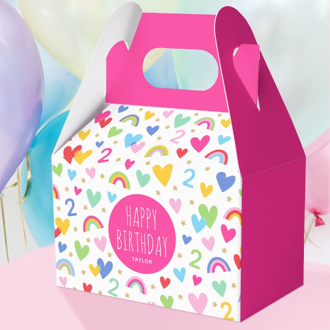 Rainbow Hearts 2nd Birthday Party Name Pink Favour Box (Creator Uploaded)
