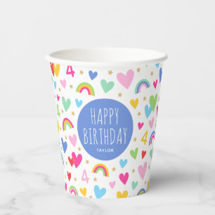 Rainbow Hearts 4th Birthday Party Custom Name Blue Paper Cups