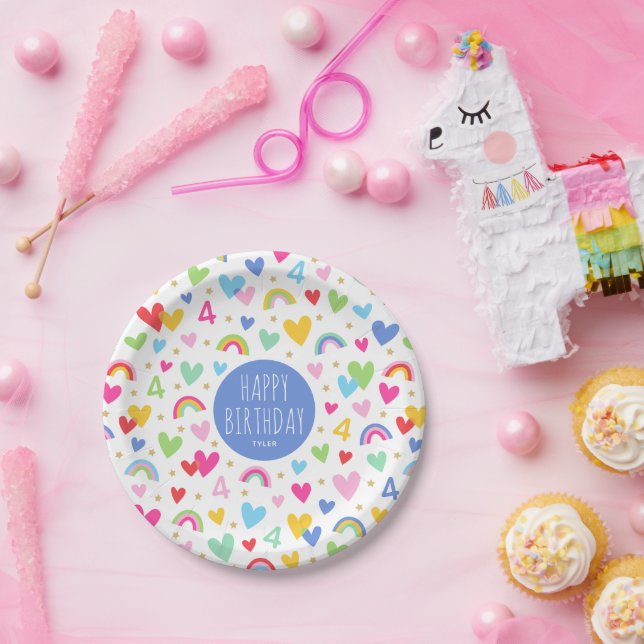 Rainbow Hearts 4th Birthday Party Custom Name Blue Paper Plate (Party)