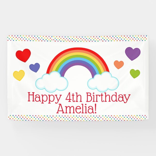 Rainbow Hearts and Dots Girls Birthday Banner (Horizontal)