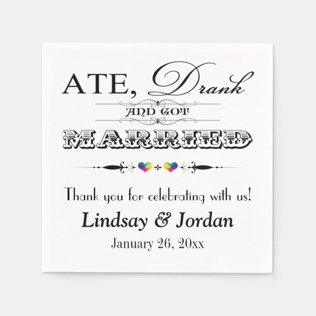 Rainbow Hearts and Scrolls Wedding Napkins (Front)