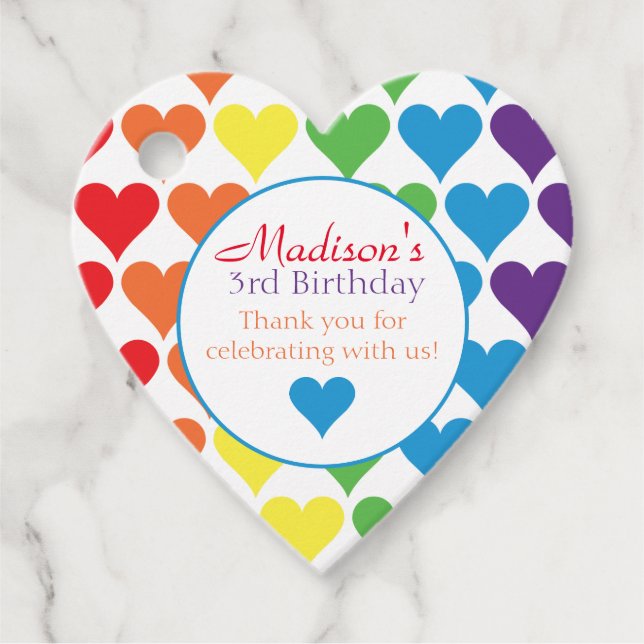 Rainbow Hearts Birthday Favour Tags (Front)