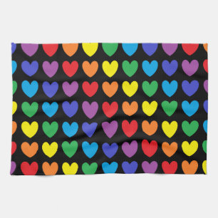 Rainbow Hearts Black Tea Towel