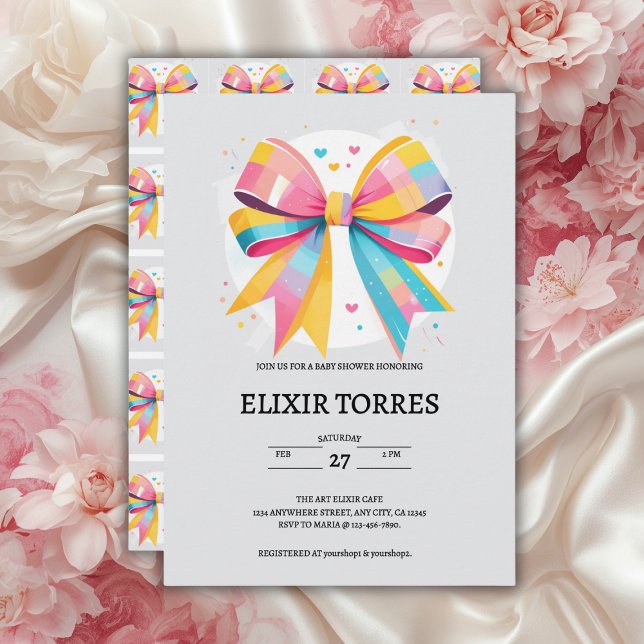 Rainbow Hearts Bow Baby Shower Invitation (Creator Uploaded)