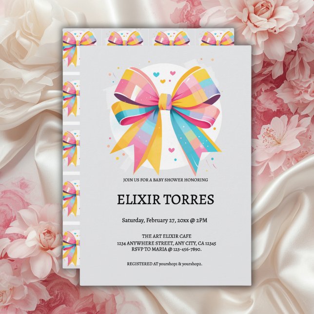 Rainbow Hearts Bow Baby Shower Invitation (Creator Uploaded)