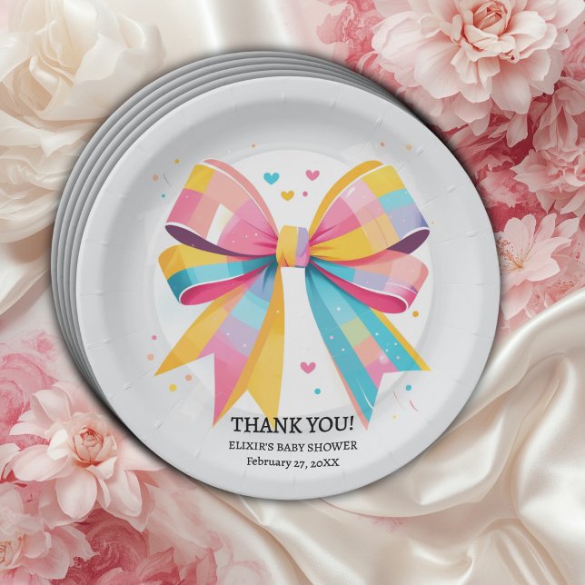 Rainbow Hearts Bow Baby Shower Paper Plate (Creator Uploaded)