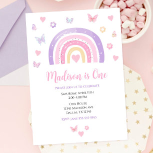 Rainbow Hearts Butterflies First Birthday Invitation