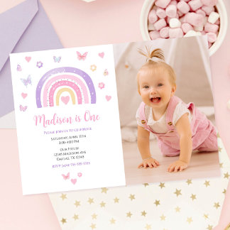 Rainbow Hearts Butterflies Photo First Birthday Invitation
