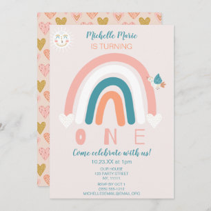 Rainbow Hearts First Birthday Invitation