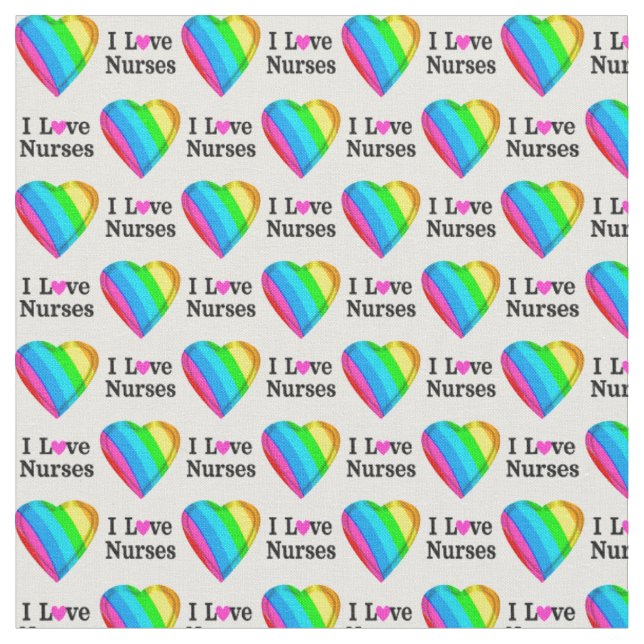 RAINBOW HEARTS I LOVE NURSES FABRIC (Close Up)