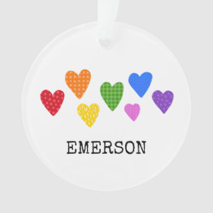 Rainbow Hearts Kids NAME DATE Love Artwork Fun Ornament