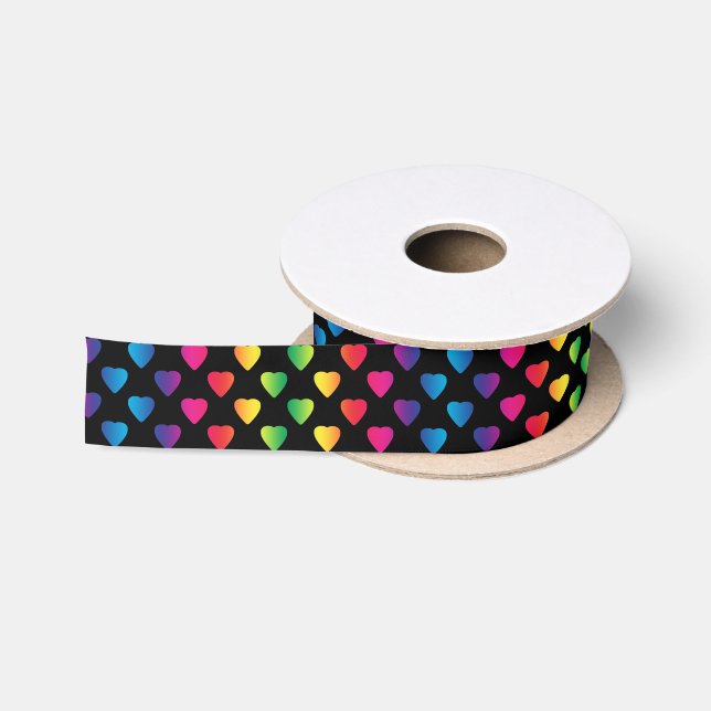 Rainbow Hearts on black Satin Ribbon (Spool)
