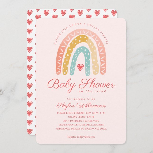Rainbow & Hearts Online Virtual Girl Baby Shower Invitation (Front/Back)