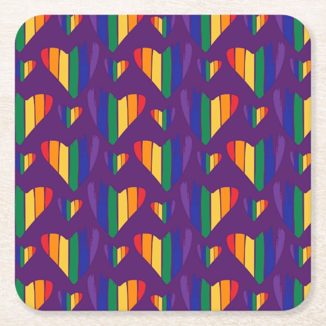 Rainbow Hearts Pattern Square Paper Coaster (Front)