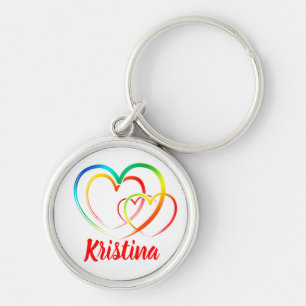 Rainbow Hearts Personalised Red Blue Green Yellow Key Ring