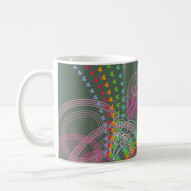Rainbow Hearts Pink Swirls Coffee Mug (Left)