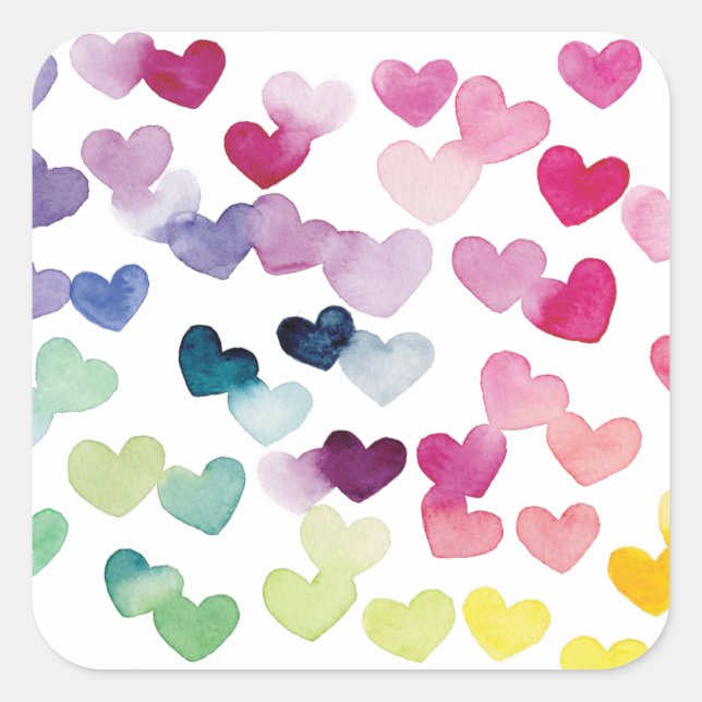 Rainbow hearts pride love colorful watercolor square sticker (Front)