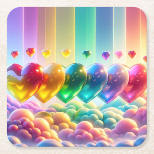 Rainbow Hearts Square Paper Coaster