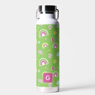 Rainbow Hearts & Stars Green Pink Kids Personalise Water Bottle