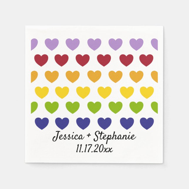 Rainbow Hearts Stripes Personalised Wedding Napkin (Front)