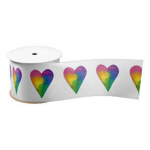 Rainbow Hearts Watercolor Satin Ribbon
