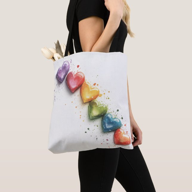Rainbow Hearts Watercolour Digital Art Tote Bag (Close Up)