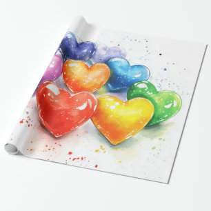 Rainbow Hearts Watercolour Digital Art Wrapping Paper
