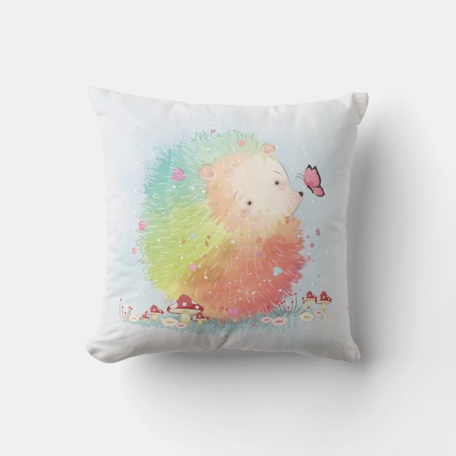 Rainbow Hedgehog Watercolor Violets Cushion (Front)