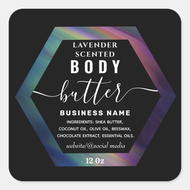 Rainbow hexagon script body butter label (Front)