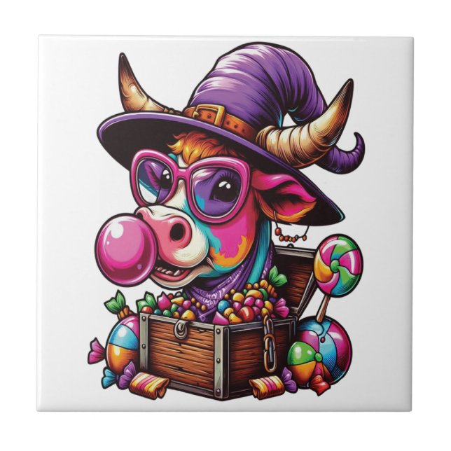 Rainbow Highland Cow Halloween Tile (Front)