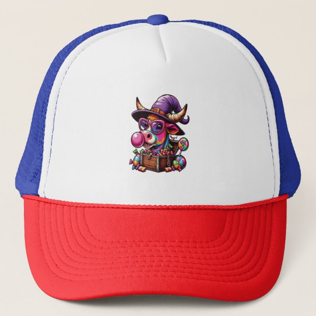 Rainbow Highland Cow Halloween Trucker Hat (Front)