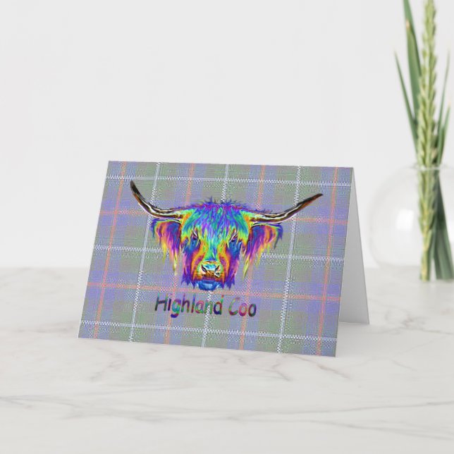 Rainbow Highland cow on a tartan background Card (Front)