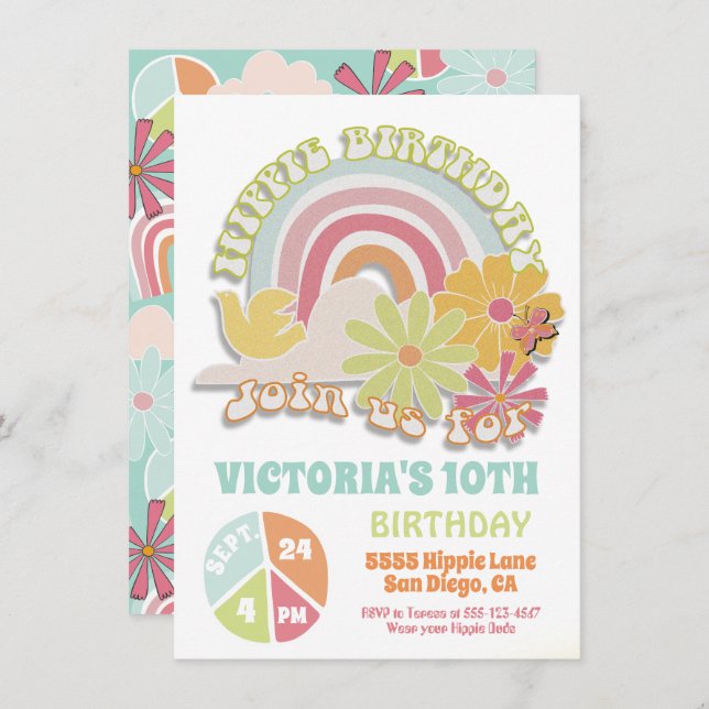 Rainbow Hippie Birthday Party Invitation (Front/Back)