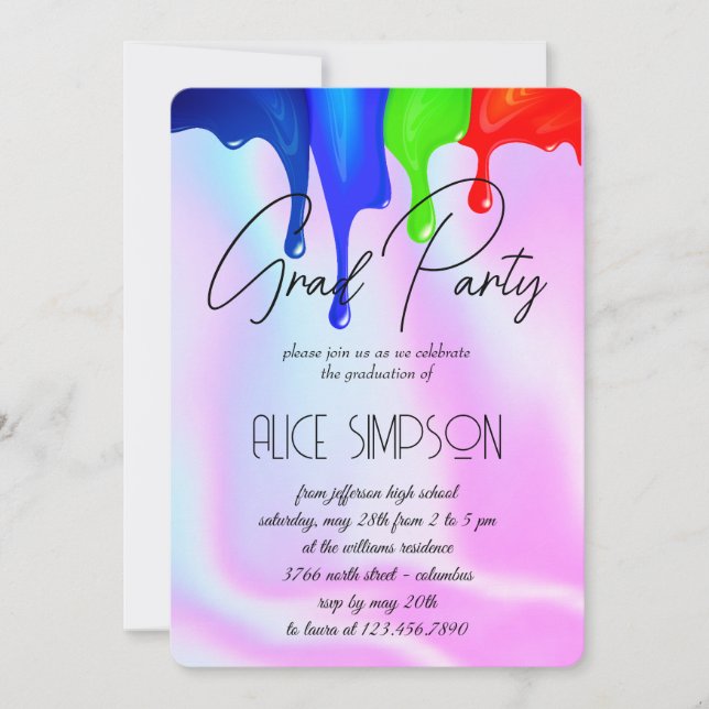 Rainbow Holographic  Drip Graduation Invitation (Front)