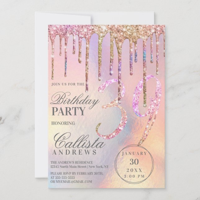 Rainbow Holographic Glitter Drips Age Birthday Invitation (Front)