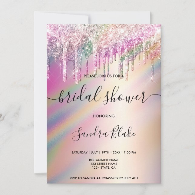 Rainbow Holographic Glitter Drips Bridal Shower In Invitation (Front)