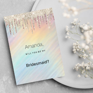 Rainbow holographic gold glitter drips Bridesmaid Invitation