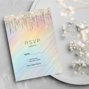 Rainbow holographic gold glitter drips RSVP  Invitation