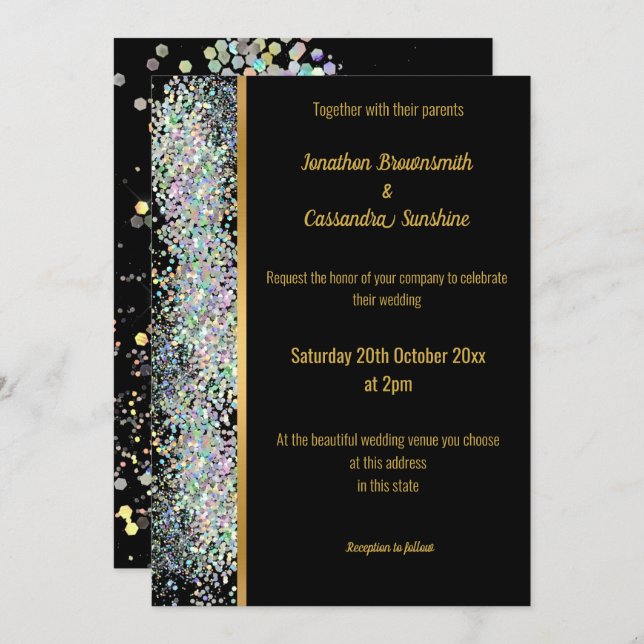 RAINBOW HOLOGRAPHIC SPOT BLACK GOLD WEDDING INVITATION (Front/Back)