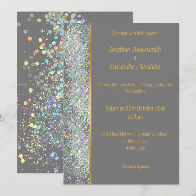 RAINBOW HOLOGRAPHIC SPOT GREY GOLD WEDDING INVITATION (Front/Back)