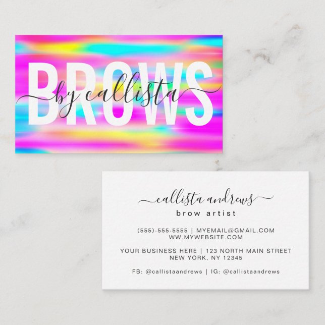 Rainbow Holographic Typography Eyebrow Artist Business Card (Front/Back)
