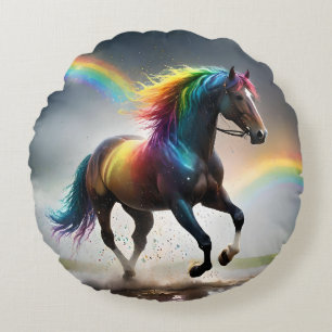 Rainbow Horse And Rainbows Rain Dance, Round Cushion