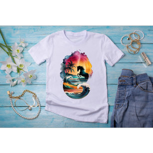 Rainbow Horse Art with Sunset Beach Landscape T-Shirt