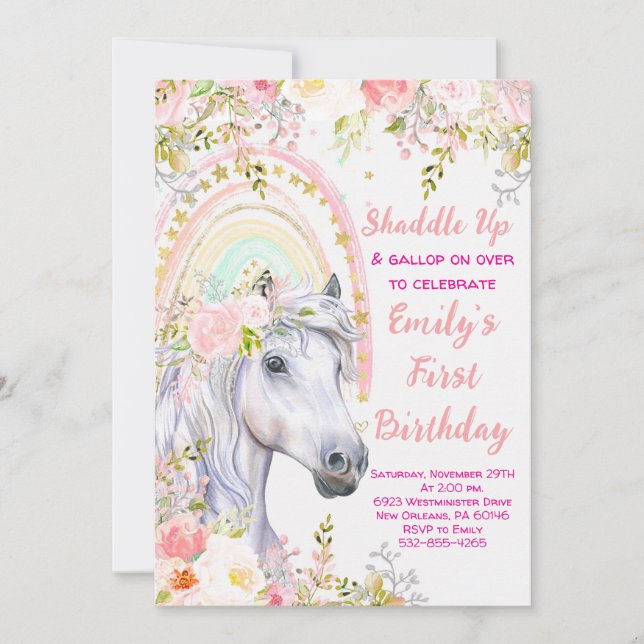  Rainbow & Horse First Birthday Party Invitation (Front)